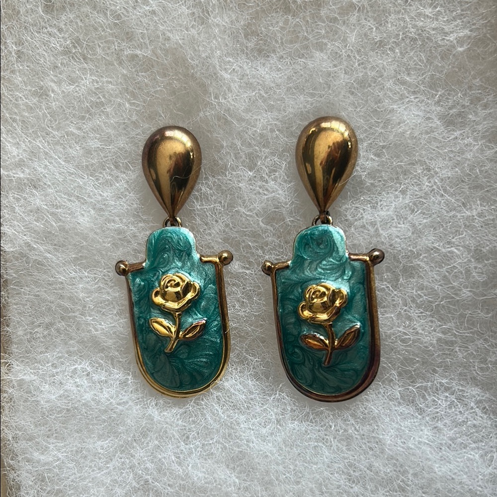 Gold and Green Teardrop Earrings with Floral Design